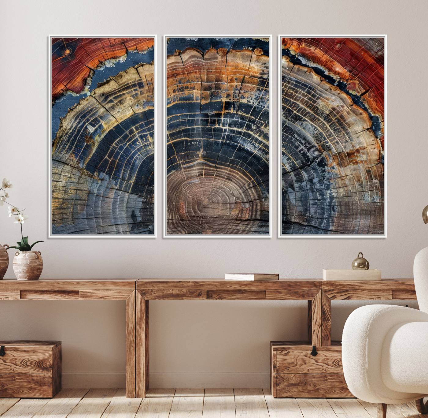 63519-MGV-FC-48X32-3P_White-Abstract Tree Ring Wall Art Canvas Print – Colorful Framed Minimalist Nature Tree Rings Home Artwork for Home, Office