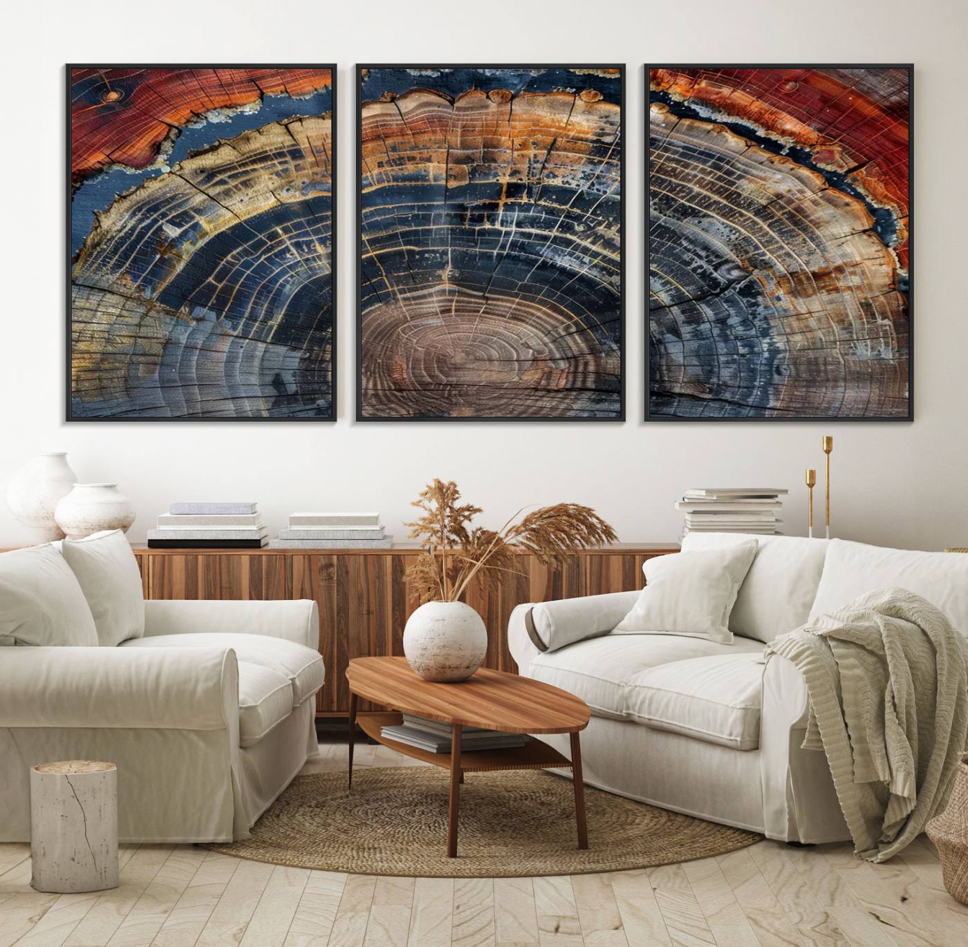 63519-MGV-FC-60X30-3P_Black-Abstract Tree Ring Wall Art Canvas Print – Colorful Framed Minimalist Nature Tree Rings Home Artwork for Home, Office