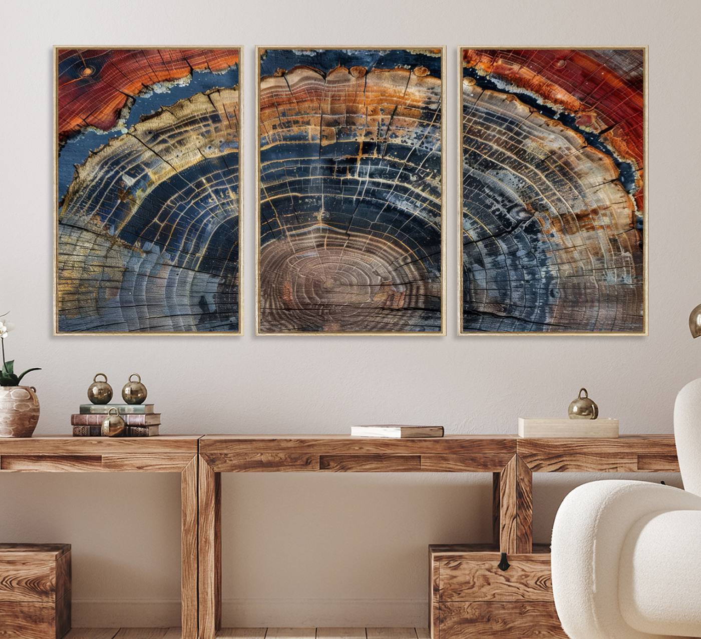 63519-MGV-FC-60X30-3P_Natural-Abstract Tree Ring Wall Art Canvas Print – Colorful Framed Minimalist Nature Tree Rings Home Artwork for Home, Office