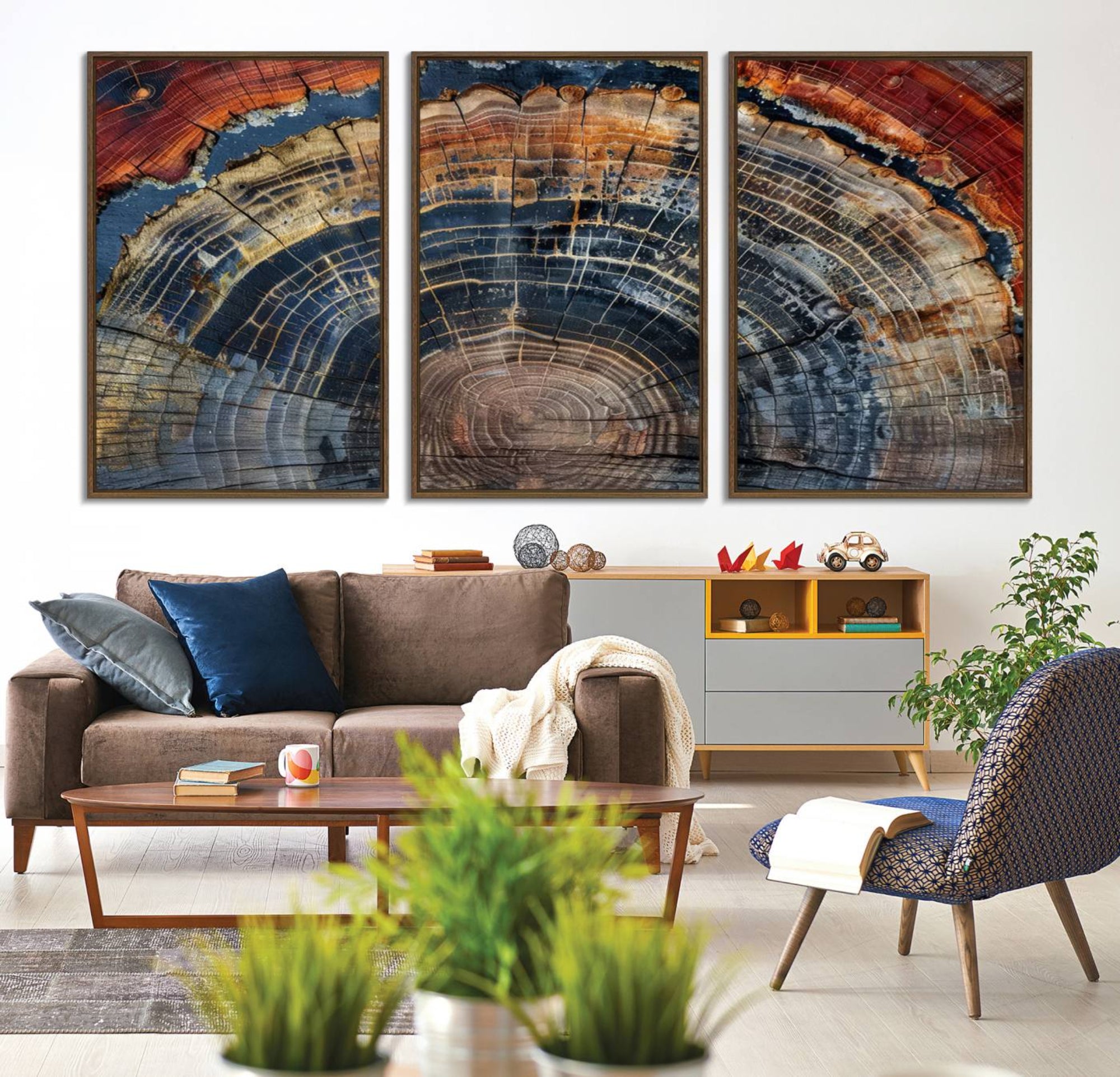 63519-MGV-FC-60X30-3P_Walnut-Abstract Tree Ring Wall Art Canvas Print – Colorful Framed Minimalist Nature Tree Rings Home Artwork for Home, Office