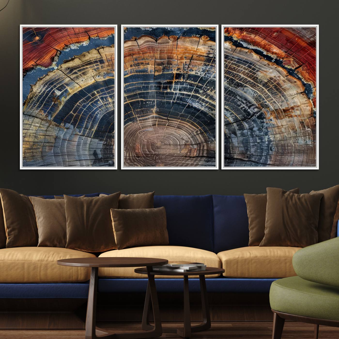 63519-MGV-FC-60X30-3P_White-Abstract Tree Ring Wall Art - Colorful Framed Tree Ring Wall Decor, Minimalist Home Canvas Art, Modern Farmhouse Decor