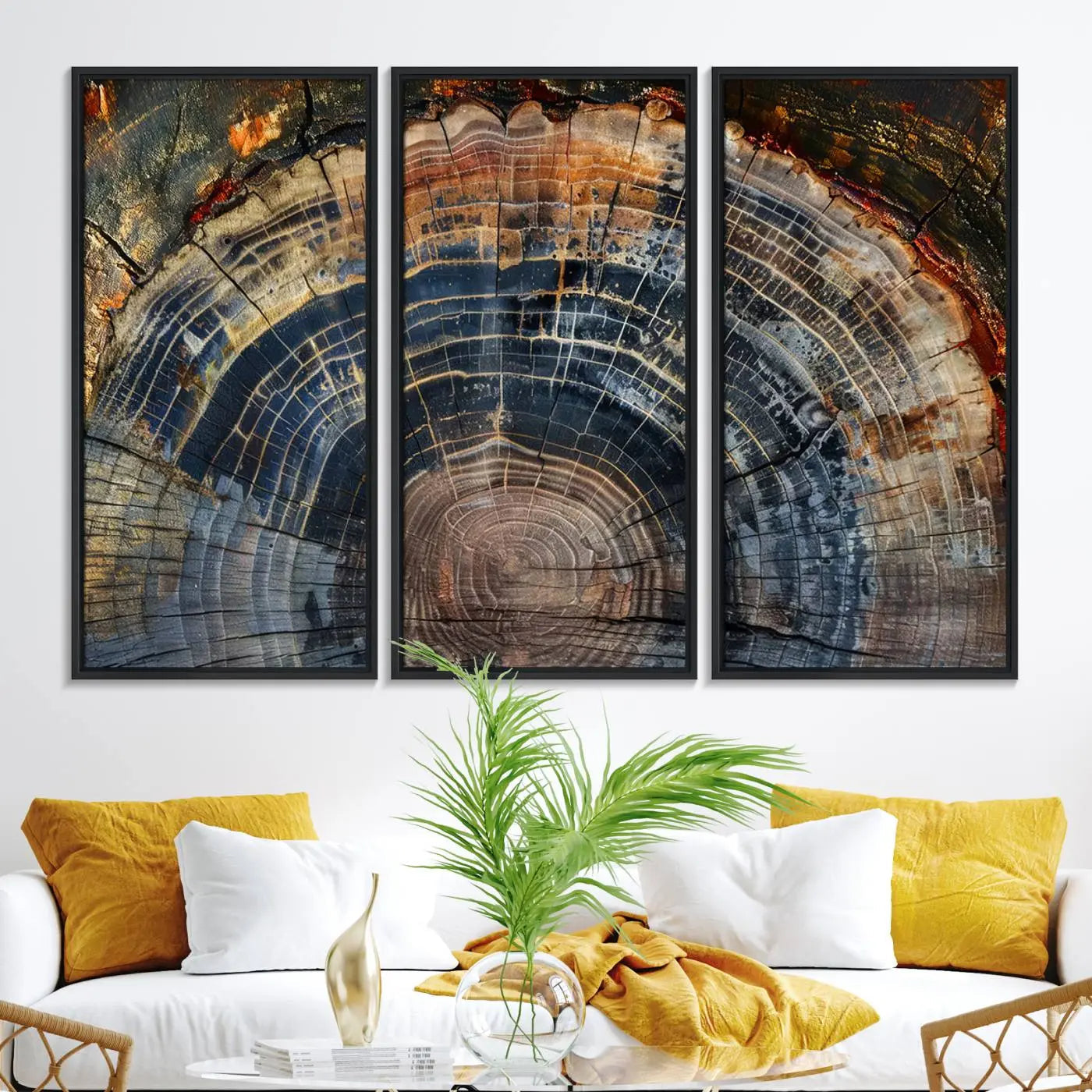 16193-MGV-FC-48X32-3P_Black-Abstract Tree Ring Wall Art, Wood Ring Colorful Tree Ring Wall Decor, Minimalist abstract wall art Home Canvas Art, Modern Farmhouse Decor