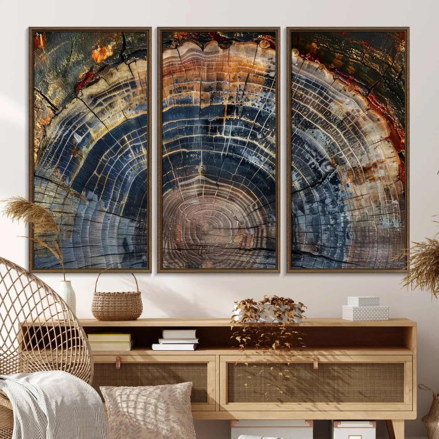 16193-MGV-FC-48X32-3P_Walnut-Abstract Tree Ring Wall Art, Wood Ring Colorful Tree Ring Wall Decor, Minimalist abstract wall art Home Canvas Art, Modern Farmhouse Decor