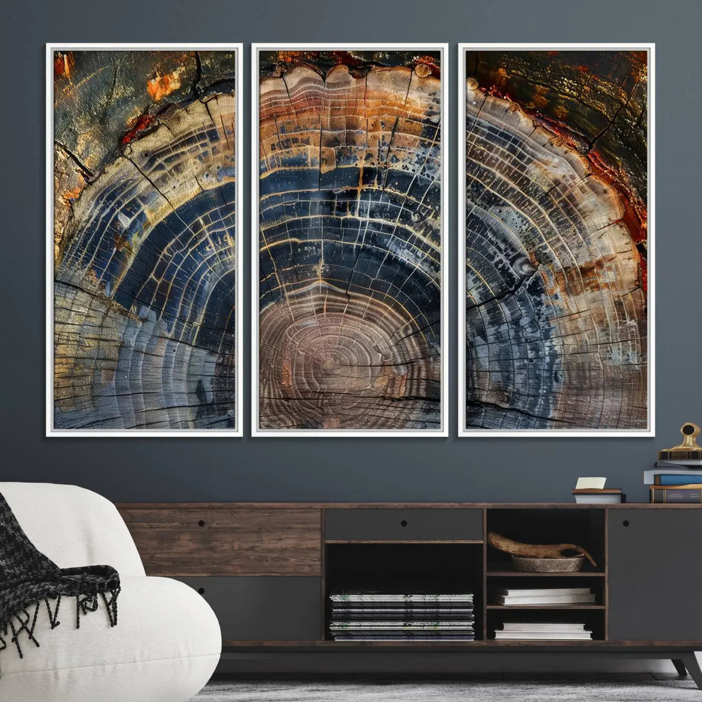 16193-MGV-FC-48X32-3P_White-Abstract Tree Ring Wall Art, Wood Ring Colorful Tree Ring Wall Decor, Minimalist abstract wall art Home Canvas Art, Modern Farmhouse Decor