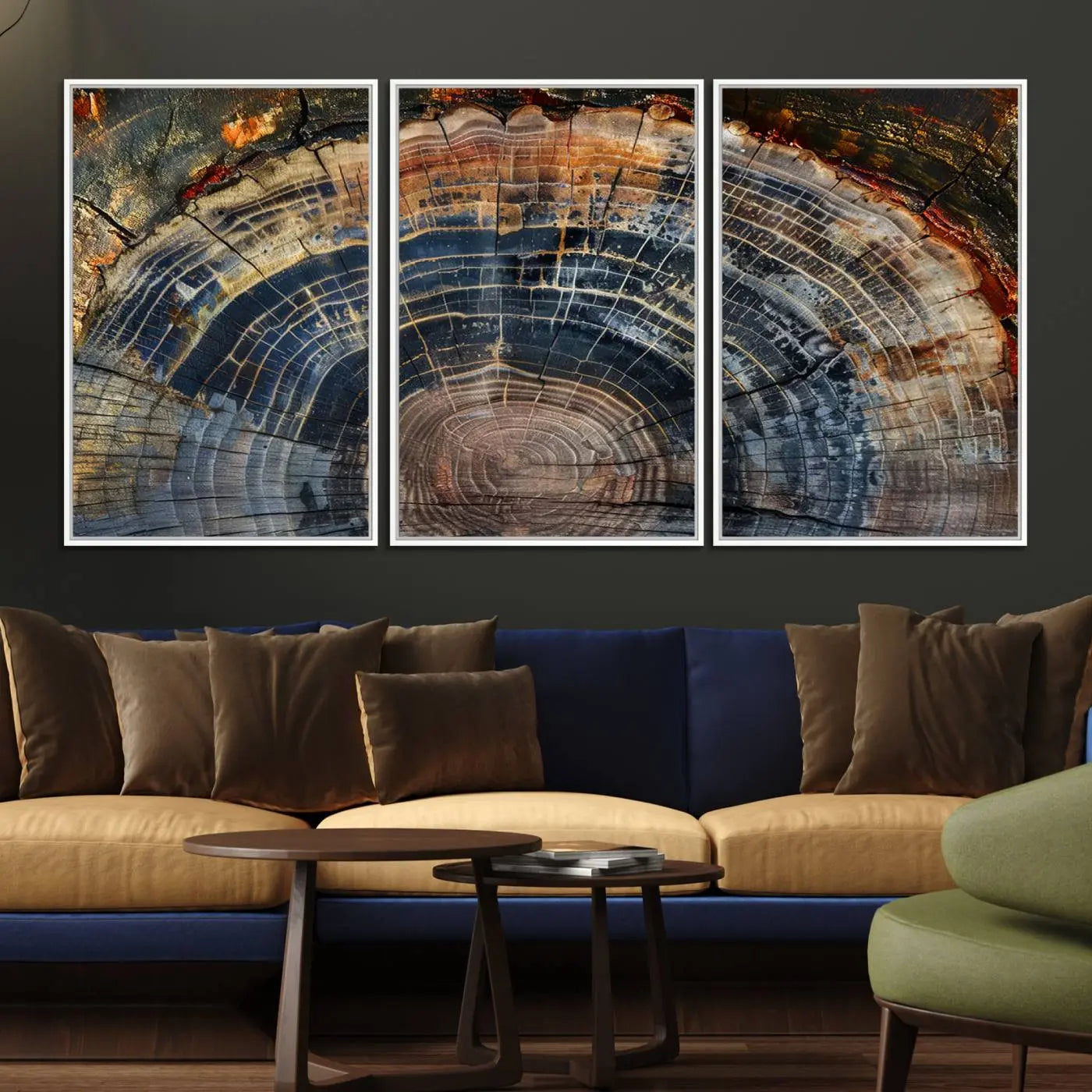 16193-MGV-FC-60X30-3P_White-Abstract Tree Ring Wall Art, Wood Ring Colorful Tree Ring Wall Decor, Minimalist abstract wall art Home Canvas Art, Modern Farmhouse Decor