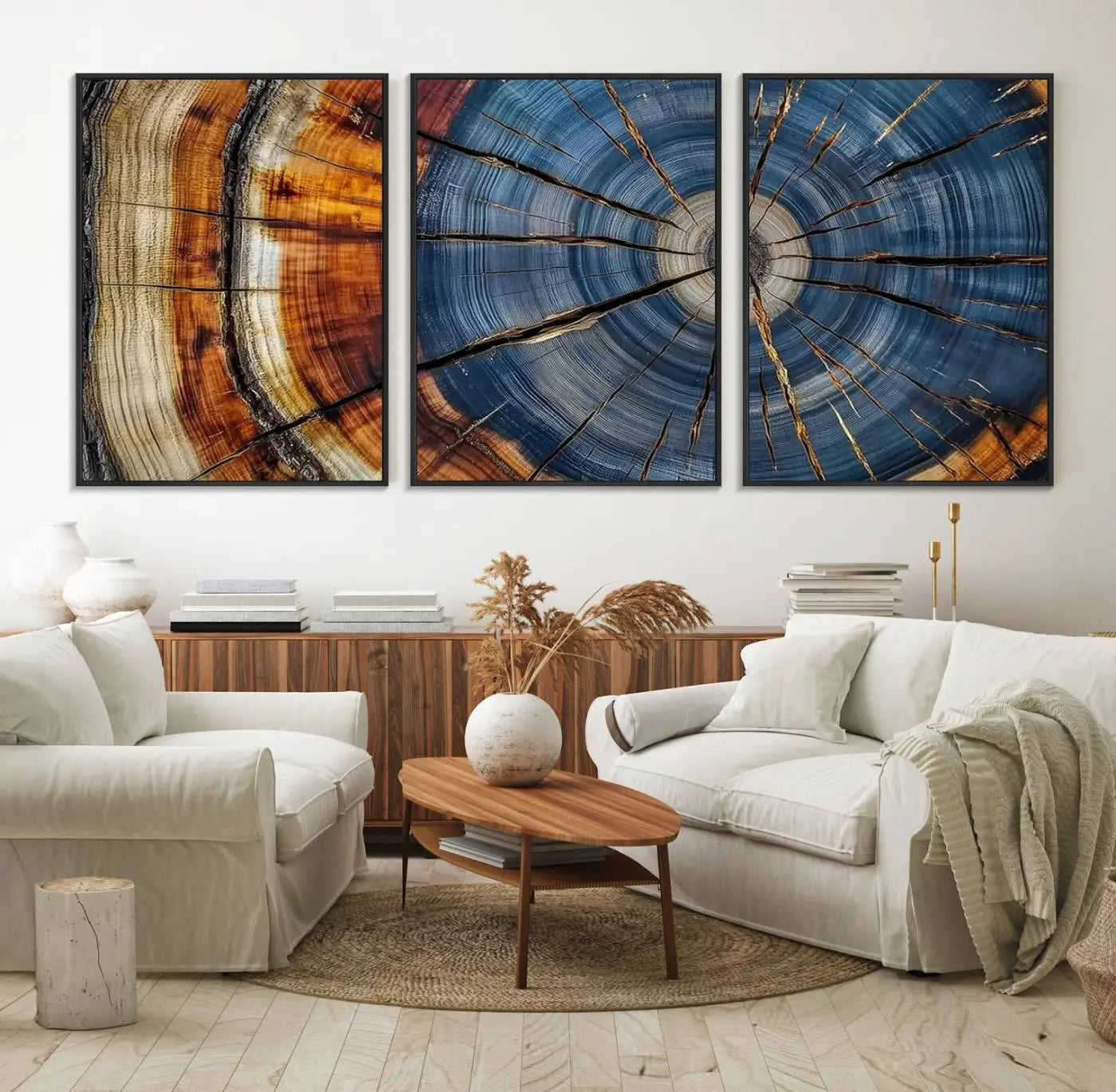 10583-MGV-FC-60X30-3P_Black-Abstract Tree Rings Canvas Wall Art - Wood Grain Canvas Print - Nature-Inspired Modern Wood Grain Wall Decor