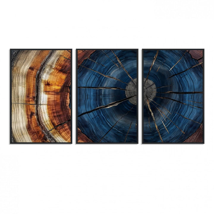 60099360-MGV-FC-60X30-3P_Black-Abstract Tree Rings Wall Art Canvas Print - Wood Grain Rings Canvas Print - Nature Woodland Wall Decor for Long Home Cabin Farmhouse Wall