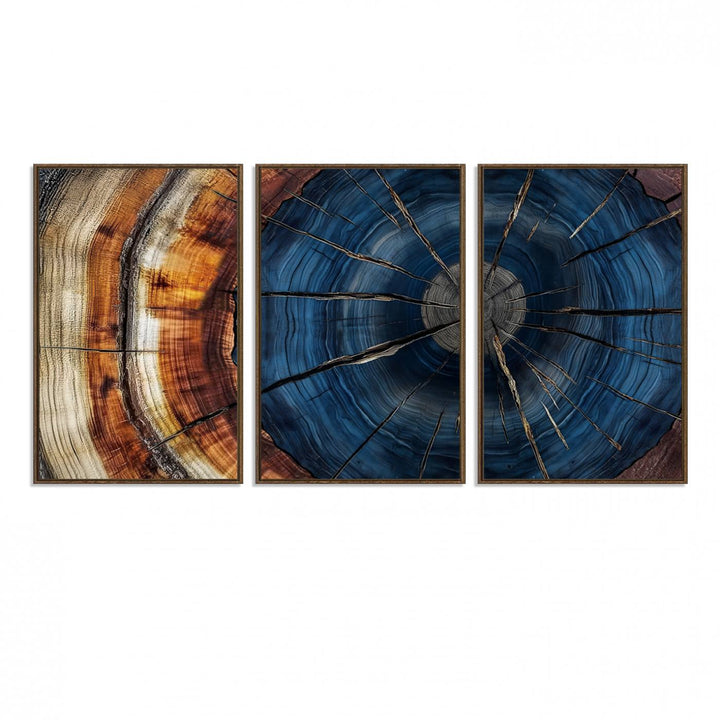 60099360-MGV-FC-60X30-3P_Walnut-Abstract Tree Rings Wall Art Canvas Print - Wood Grain Rings Canvas Print - Nature Woodland Wall Decor for Long Home Cabin Farmhouse Wall