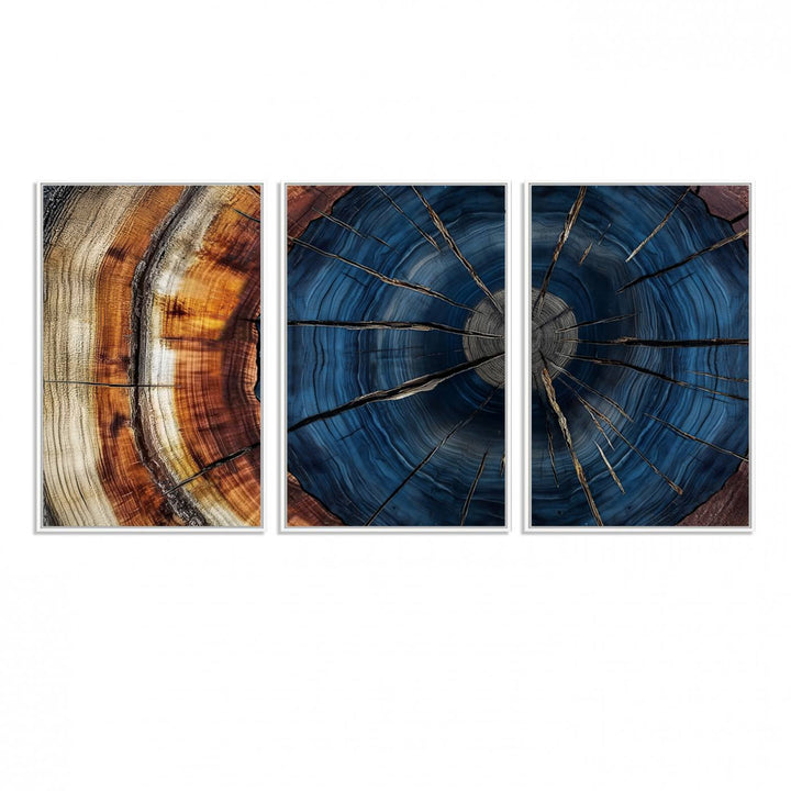 60099360-MGV-FC-60X30-3P_White-Abstract Tree Rings Wall Art Canvas Print - Wood Grain Rings Canvas Print - Nature Woodland Wall Decor for Long Home Cabin Farmhouse Wall