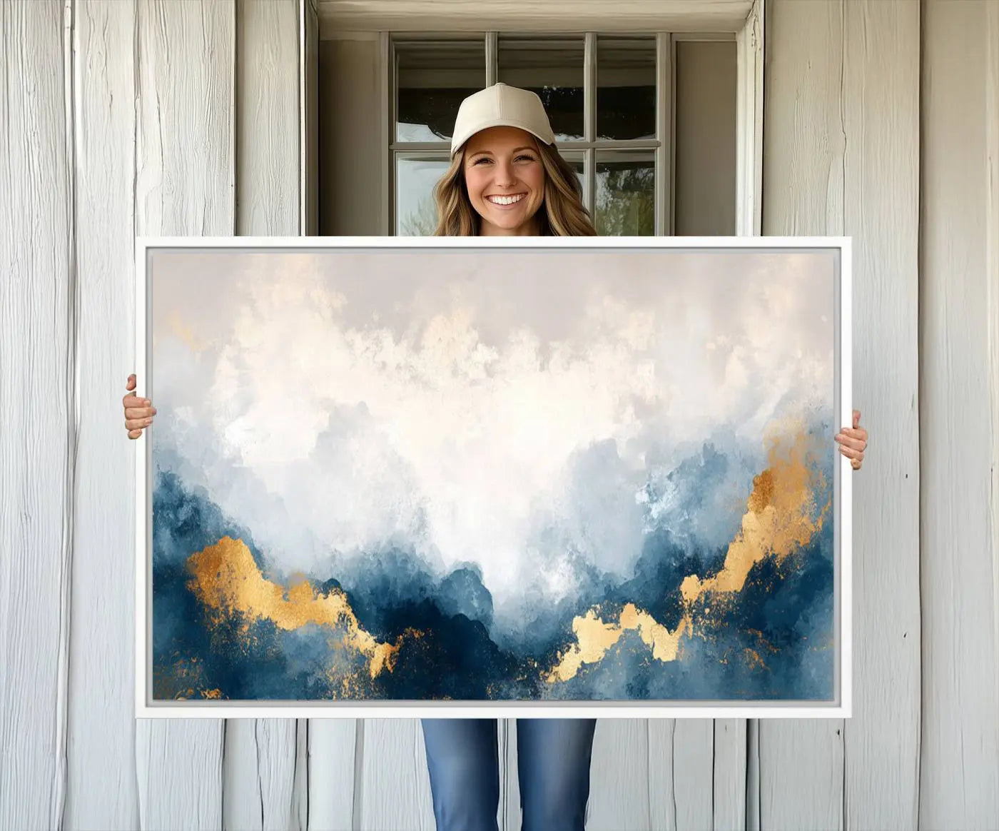 14578-MGV-CV-36X24-Abstract Blue Gold Cloud Wall Art Canvas Print – Framed Modern Elegant Landscape Artwork for Home, Office Decor
