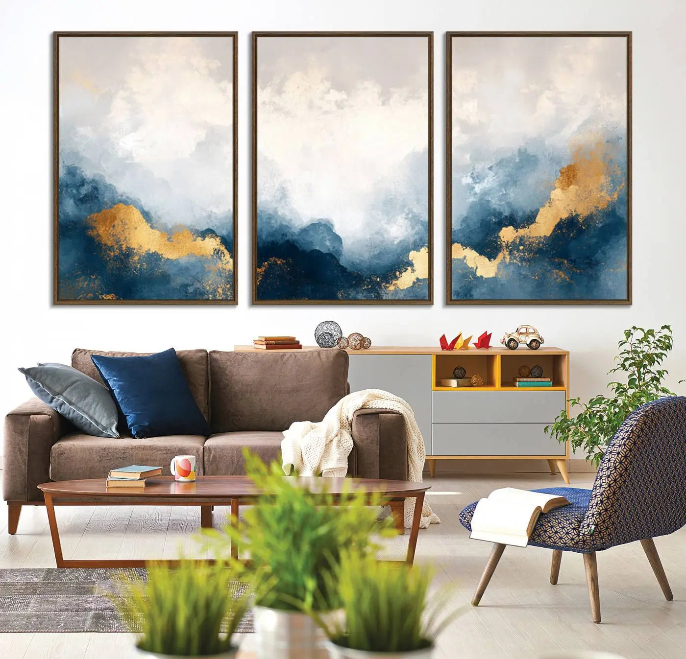 14578-MGV-CV-36X24-Abstract Blue Gold Cloud Wall Art Canvas Print – Framed Modern Elegant Landscape Artwork for Home, Office Decor