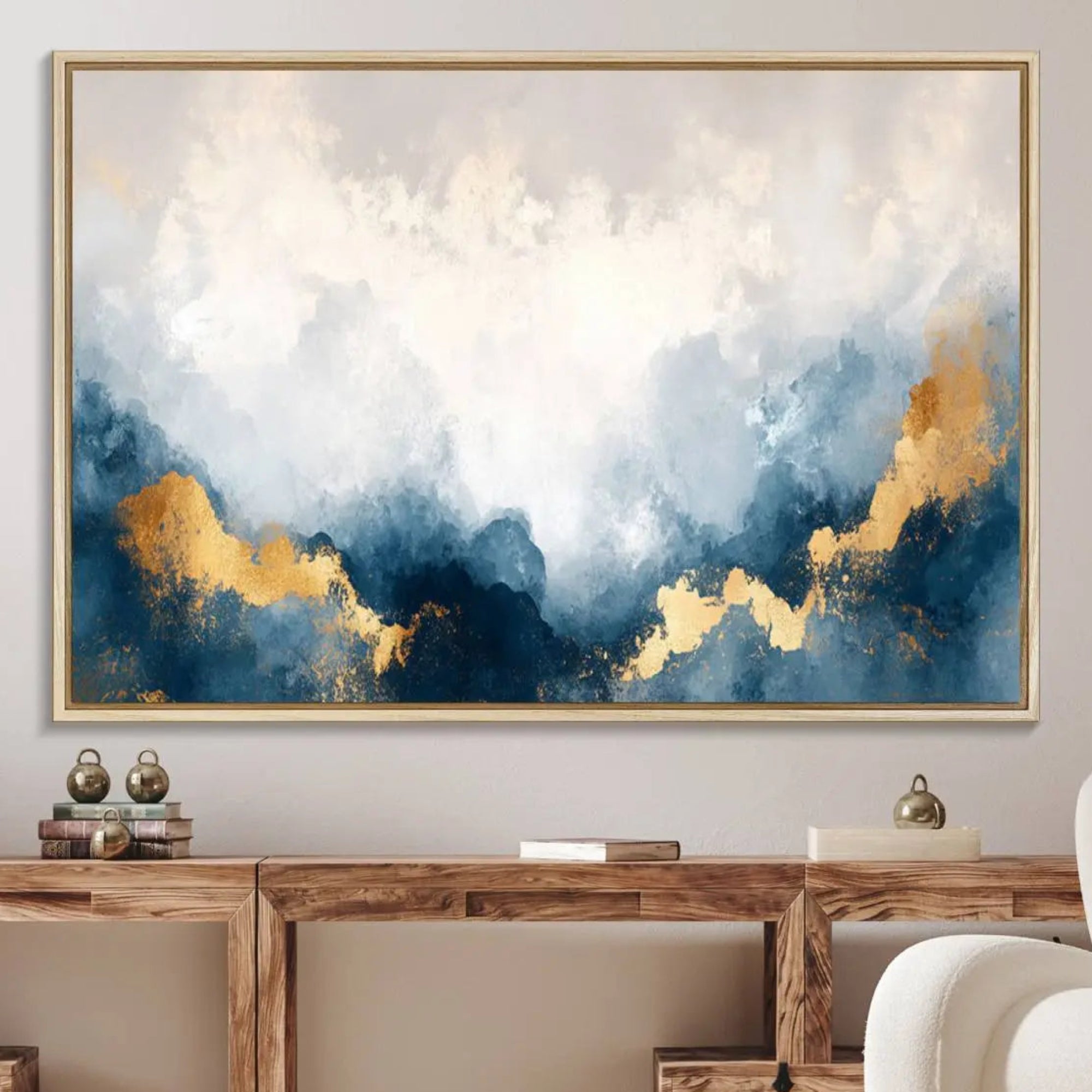 14578-MGV-FC-36X24_Natural-Abstract Wall Art - Blue and Gold Clouds Canvas Print - Framed Modern Landscape Painting - Elegant