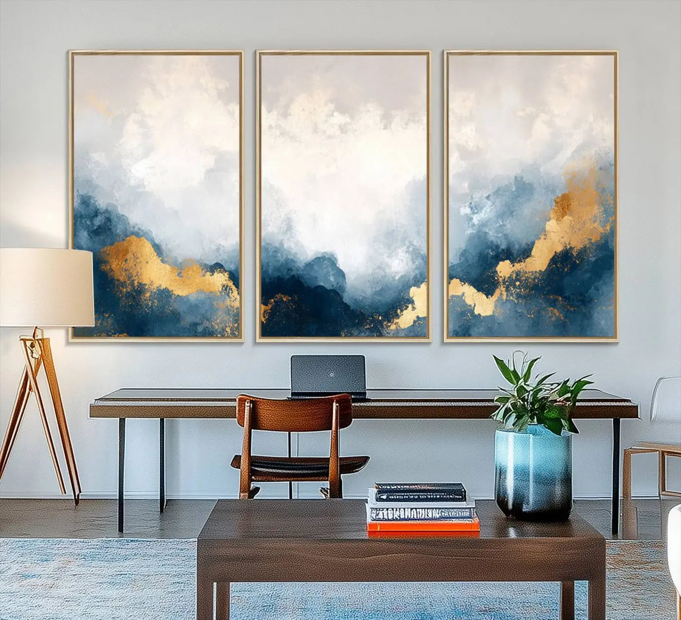 14578-MGV-FC-48X32-3P_Natural-Abstract Blue Gold Cloud Wall Art Canvas Print – Framed Modern Elegant Landscape Artwork for Home, Office Decor
