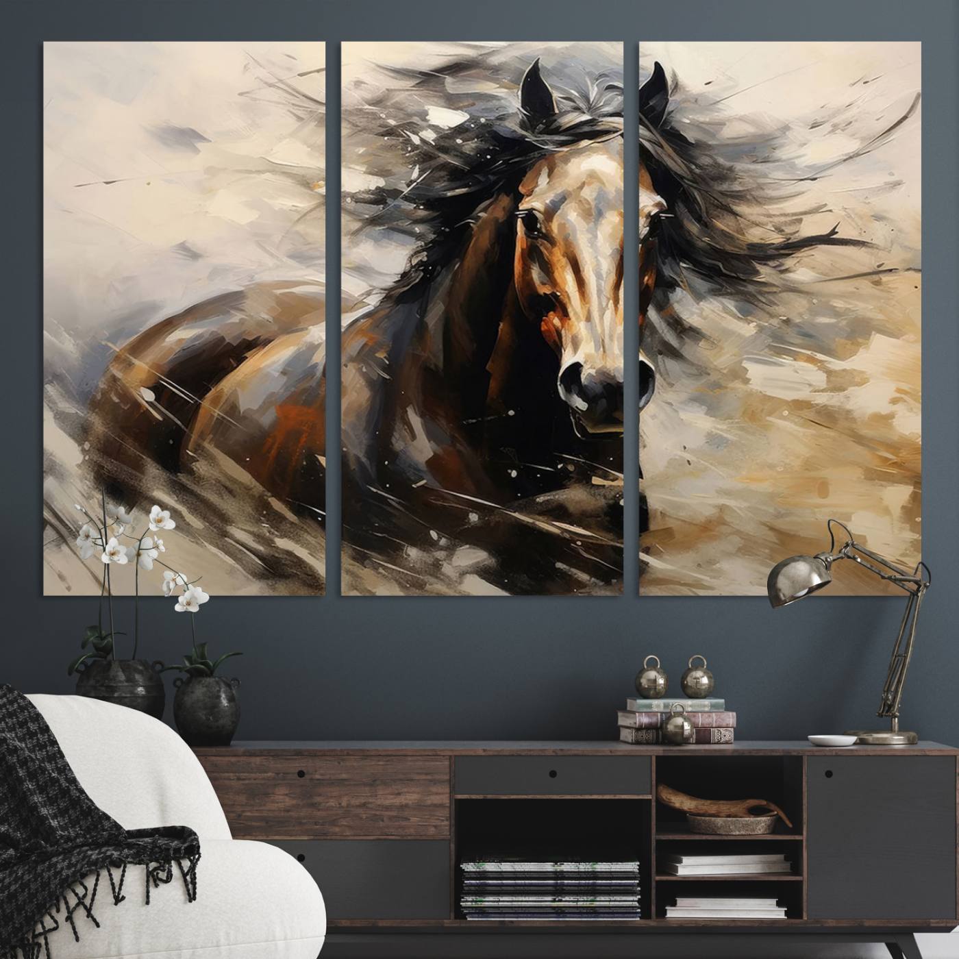 Abstract Wall Art Horse Print - Large Western Horse Canvas - Farmhouse Woodland Wall Art - Framed Barn and Log Cabin Winter Artwork
