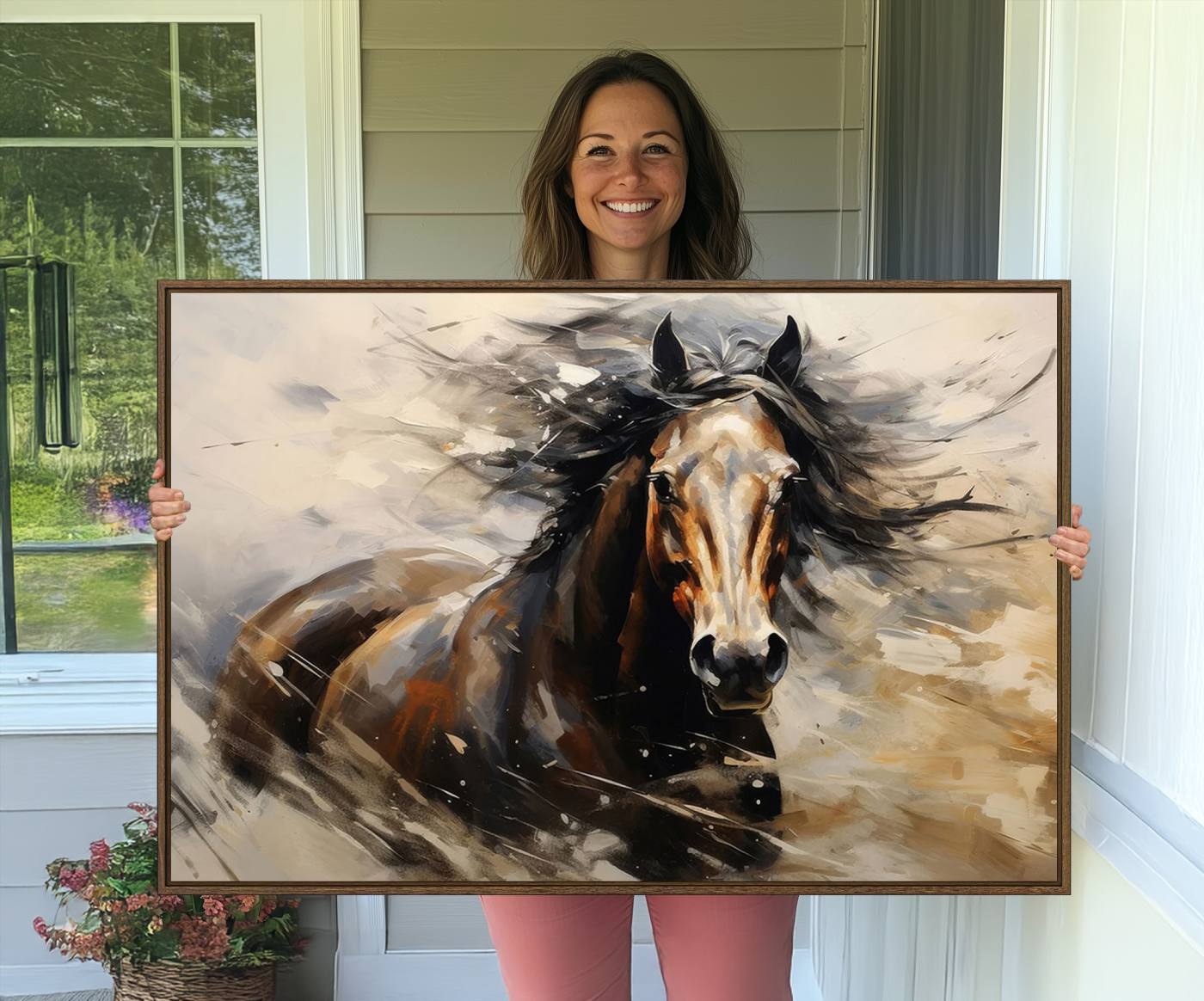 53001-MGV-CV-36X24-Abstract Wall Art Horse Print - Large Western Horse Canvas - Farmhouse Woodland Wall Art - Framed Barn and Log Cabin Winter Artwork