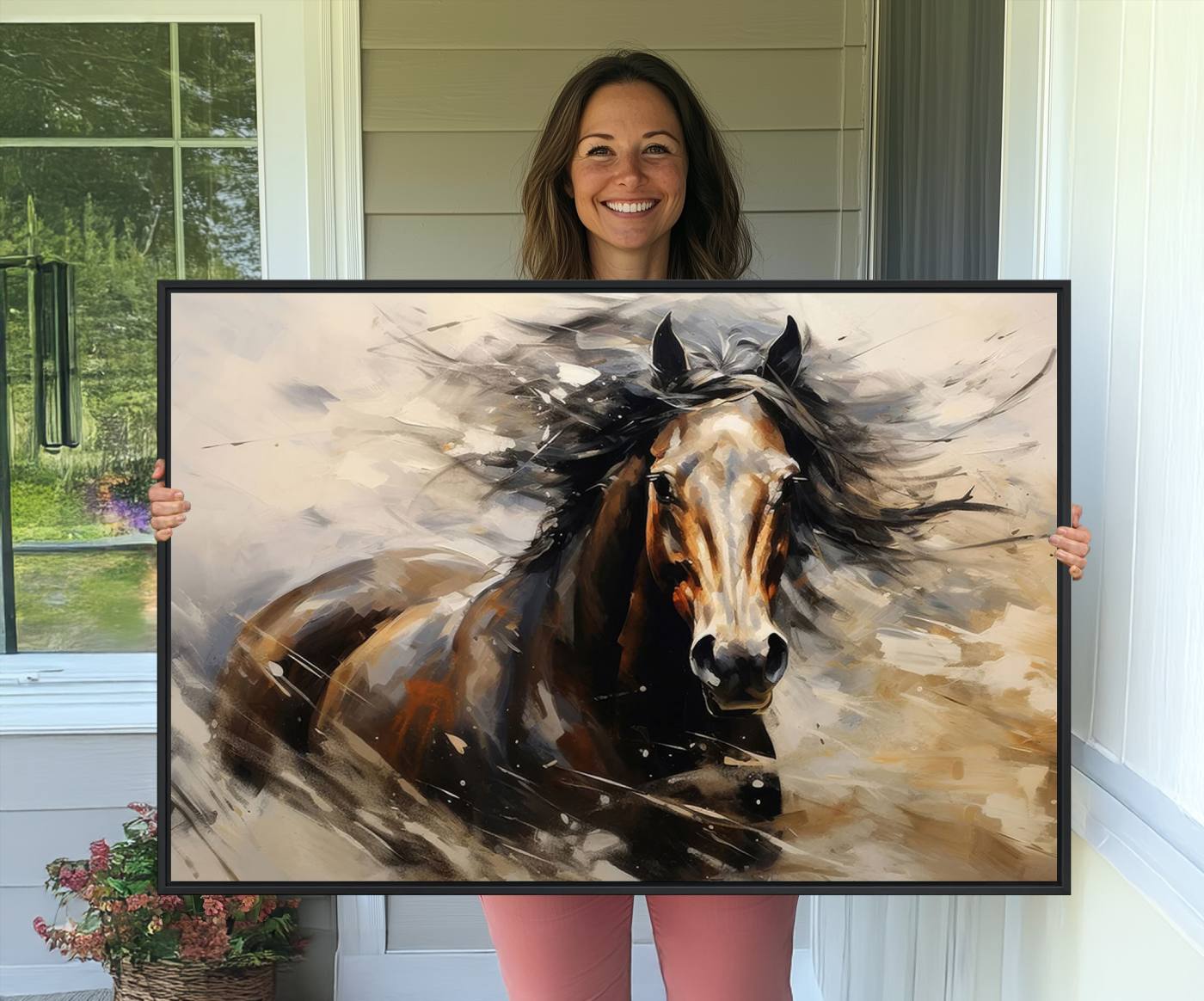 53001-MGV-CV-36X24-Abstract Wall Art Horse Print - Large Western Horse Canvas - Farmhouse Woodland Wall Art - Framed Barn and Log Cabin Winter Artwork