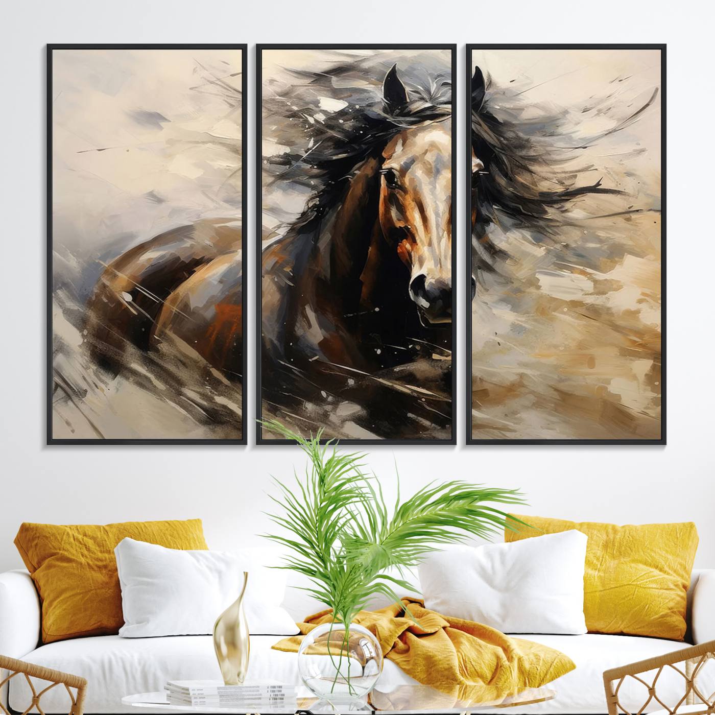 53001-MGV-FC-48X32-3P_Black-Abstract Wall Art Horse Print - Large Western Horse Canvas - Farmhouse Woodland Wall Art - Framed Barn and Log Cabin Winter Artwork