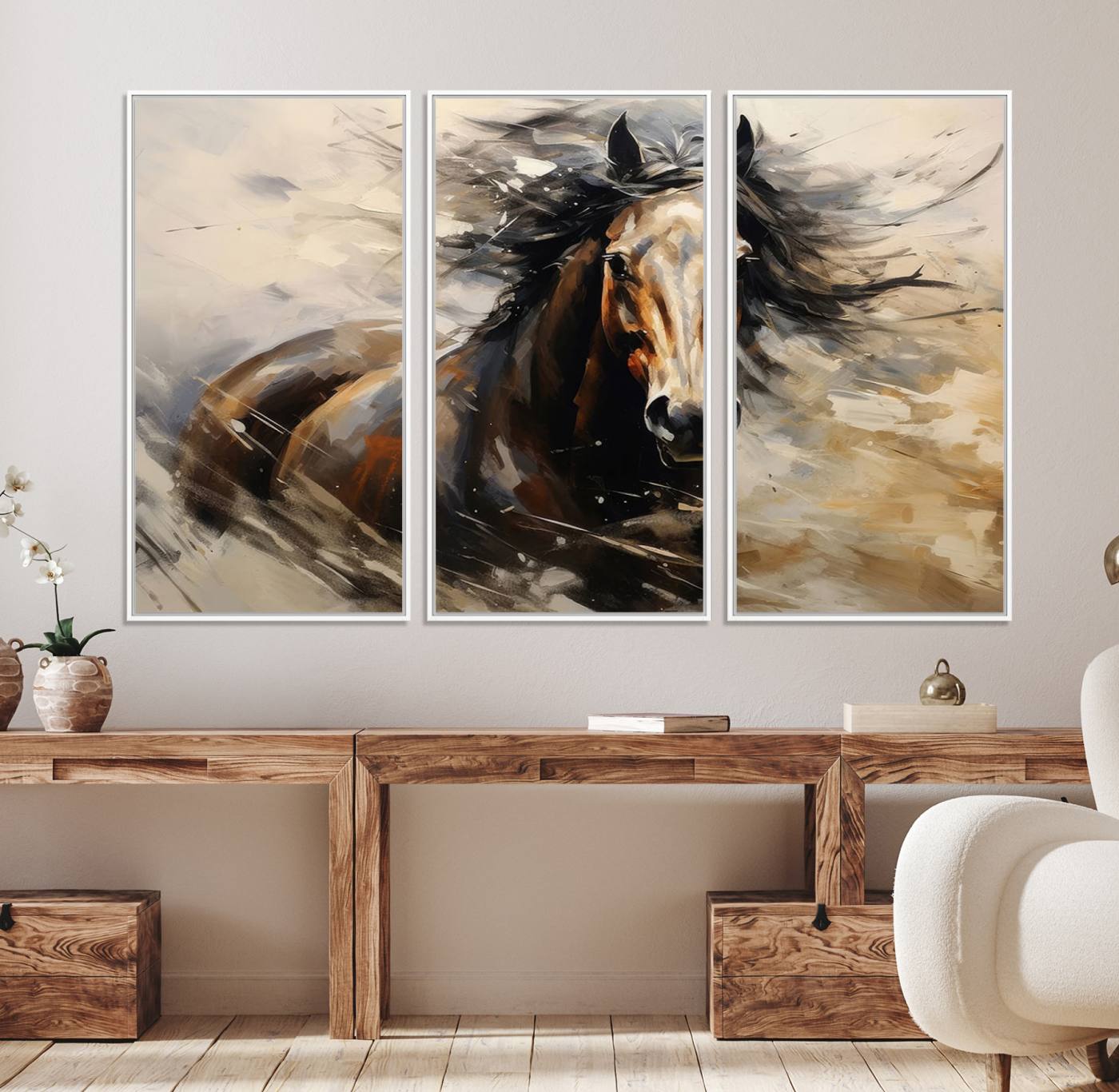 53001-MGV-FC-48X32-3P_White-Abstract Wall Art Horse Print - Large Western Horse Canvas - Farmhouse Woodland Wall Art - Framed Barn and Log Cabin Winter Artwork
