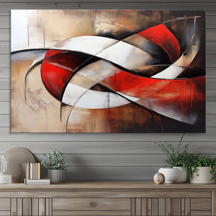 In a contemporary living room, the sunlight casts artistic shadows and highlights an abstract triptych wall art featuring bold red and white geometric shapes.