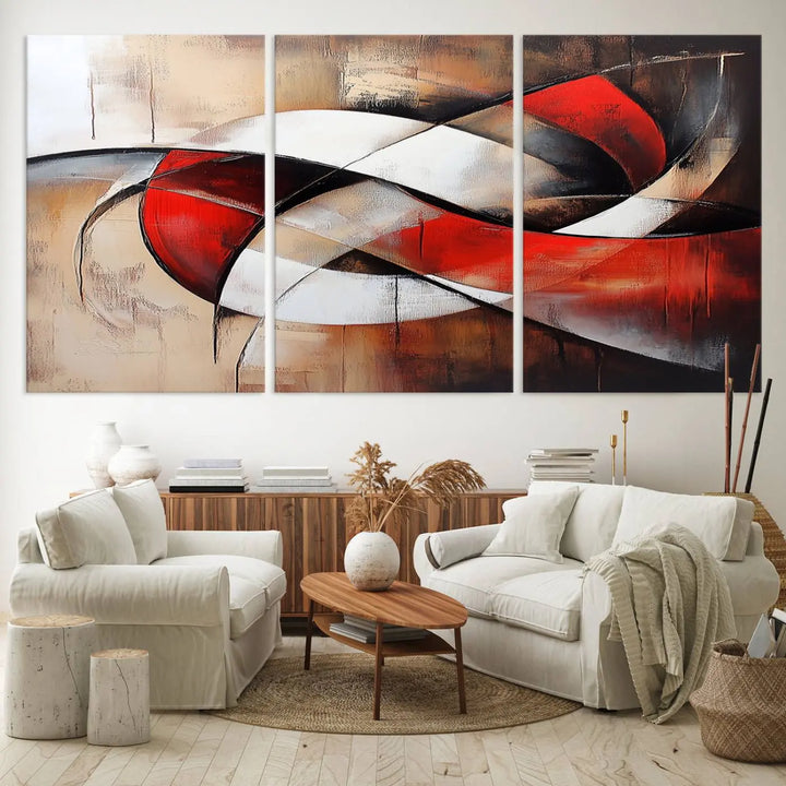 In a contemporary living room, the sunlight casts artistic shadows and highlights an abstract triptych wall art featuring bold red and white geometric shapes.