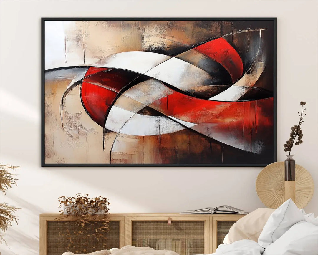 The "Abstract Wall Art - Modern Red and White Canvas Wall Art Print" features bold geometric shapes in red, black, and white on a beige background, enhancing contemporary aesthetics. This canvas print adds a striking focal point to any room, beautifully complementing the modern vibe of the space.