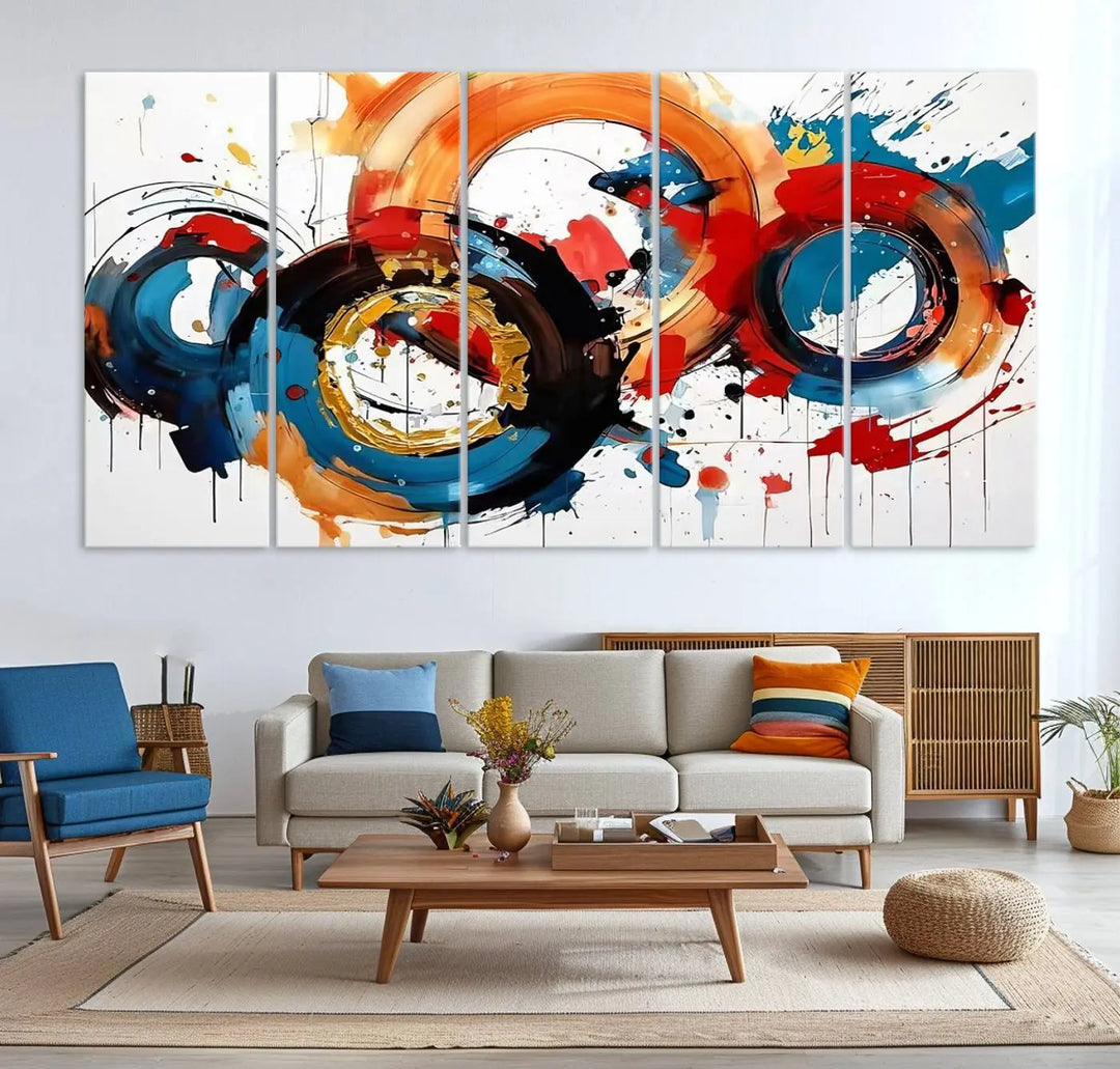 The Abstract Wall Art Rings Canvas Print, with its bold and colorful circular strokes, adorns the wall, epitomizing contemporary design.