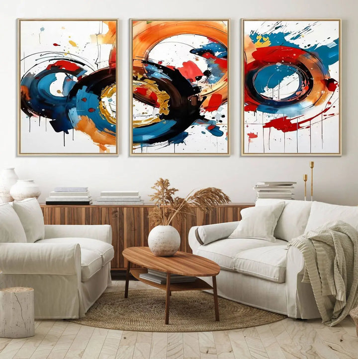 The Abstract Wall Art Rings Canvas Print, with its bold and colorful circular strokes, adorns the wall, epitomizing contemporary design.