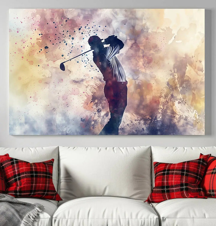 The Abstract Watercolor Golf Player Wall Art Canvas Print, with its vibrant abstract splashes, infuses dynamic energy into the room and harmonizes effortlessly with modern decor. This impressive piece captures the essence of contemporary golf art.