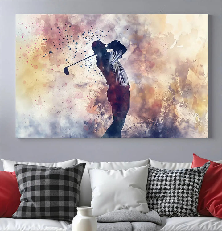 The Abstract Watercolor Golf Player Wall Art Canvas Print, with its vibrant abstract splashes, infuses dynamic energy into the room and harmonizes effortlessly with modern decor. This impressive piece captures the essence of contemporary golf art.