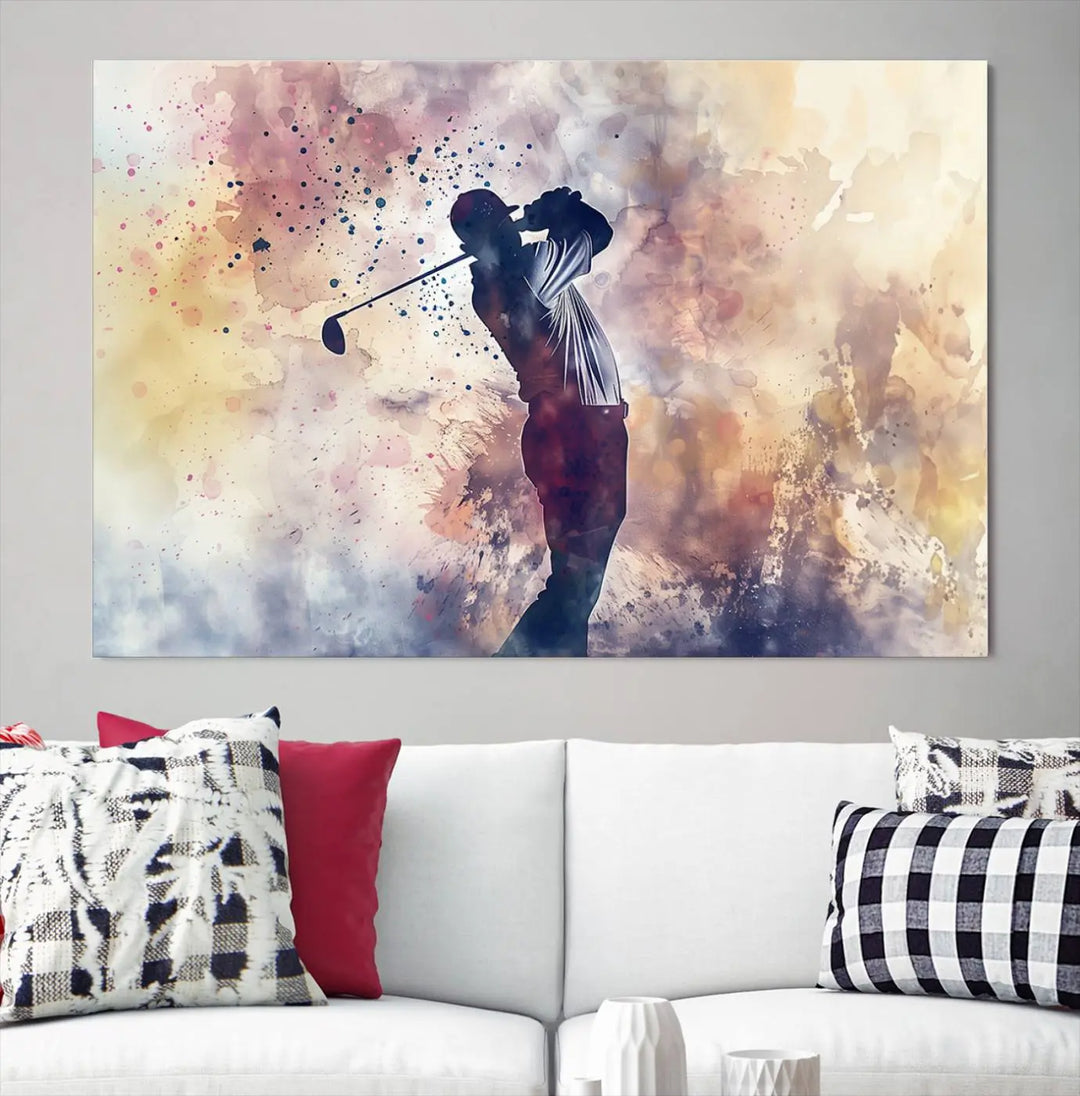 The Abstract Watercolor Golf Player Wall Art Canvas Print, with its vibrant abstract splashes, infuses dynamic energy into the room and harmonizes effortlessly with modern decor. This impressive piece captures the essence of contemporary golf art.