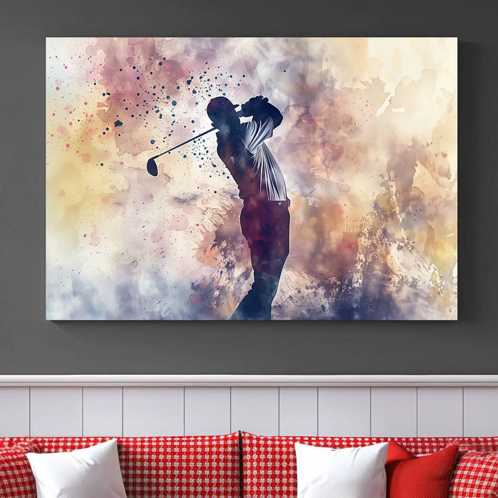 The Abstract Watercolor Golf Player Wall Art Canvas Print, with its vibrant abstract splashes, infuses dynamic energy into the room and harmonizes effortlessly with modern decor. This impressive piece captures the essence of contemporary golf art.