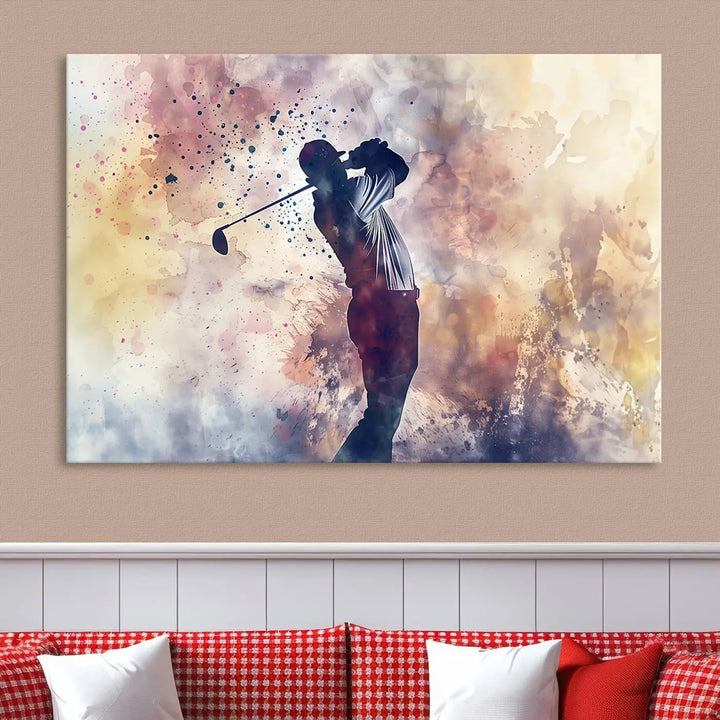 The Abstract Watercolor Golf Player Wall Art Canvas Print, with its vibrant abstract splashes, infuses dynamic energy into the room and harmonizes effortlessly with modern decor. This impressive piece captures the essence of contemporary golf art.