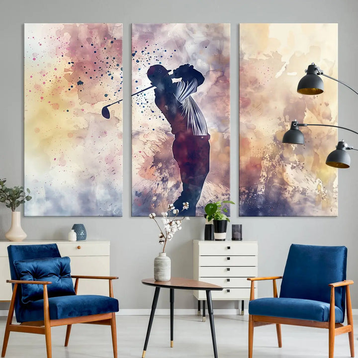 The Abstract Watercolor Golf Player Wall Art Canvas Print, with its vibrant abstract splashes, infuses dynamic energy into the room and harmonizes effortlessly with modern decor. This impressive piece captures the essence of contemporary golf art.