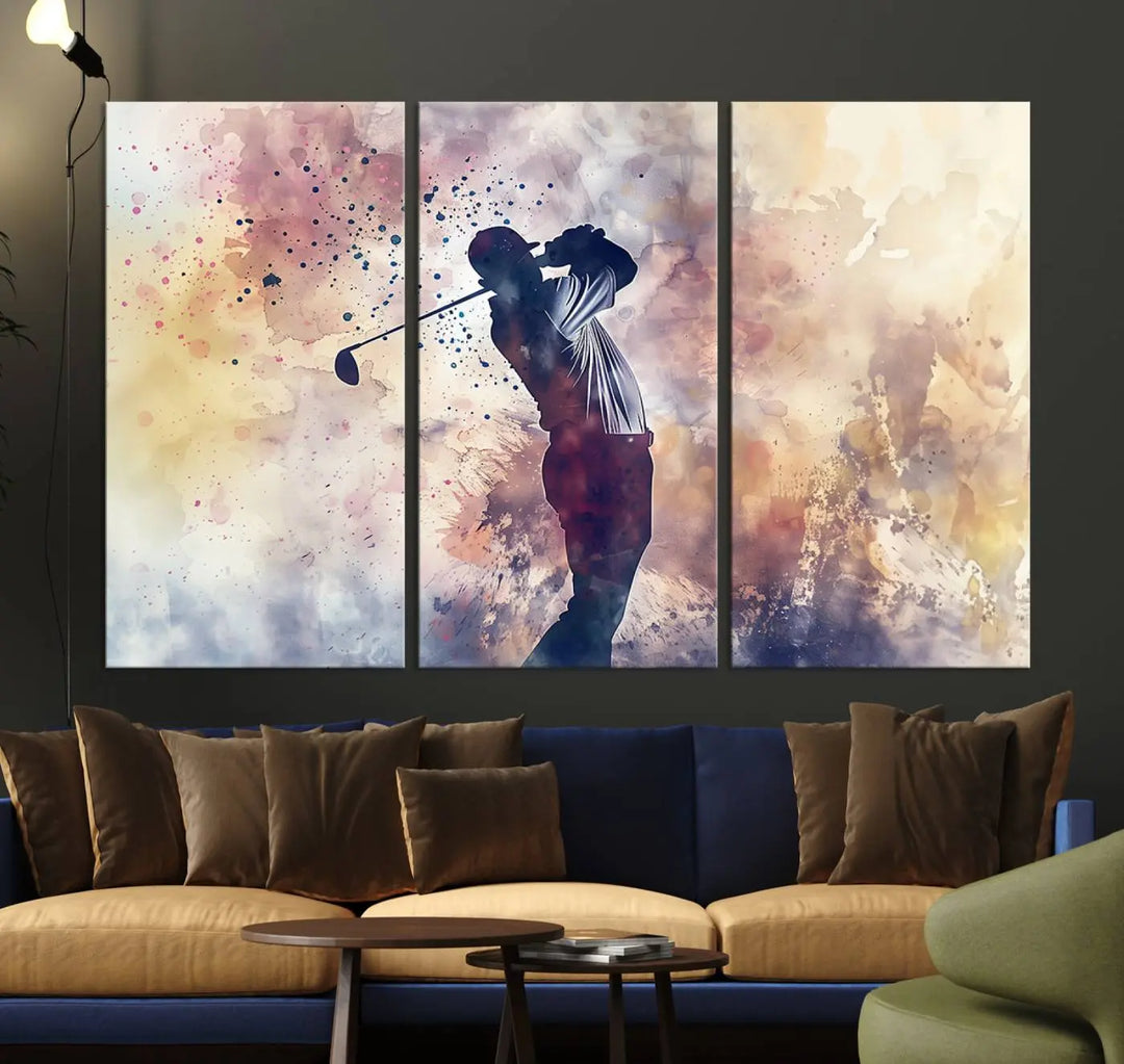 The Abstract Watercolor Golf Player Wall Art Canvas Print, with its vibrant abstract splashes, infuses dynamic energy into the room and harmonizes effortlessly with modern decor. This impressive piece captures the essence of contemporary golf art.