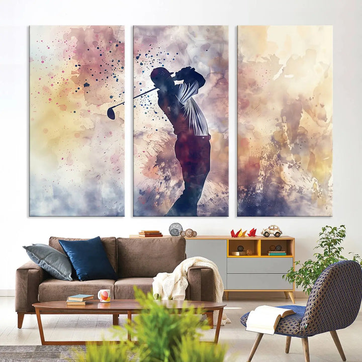 The Abstract Watercolor Golf Player Wall Art Canvas Print, with its vibrant abstract splashes, infuses dynamic energy into the room and harmonizes effortlessly with modern decor. This impressive piece captures the essence of contemporary golf art.