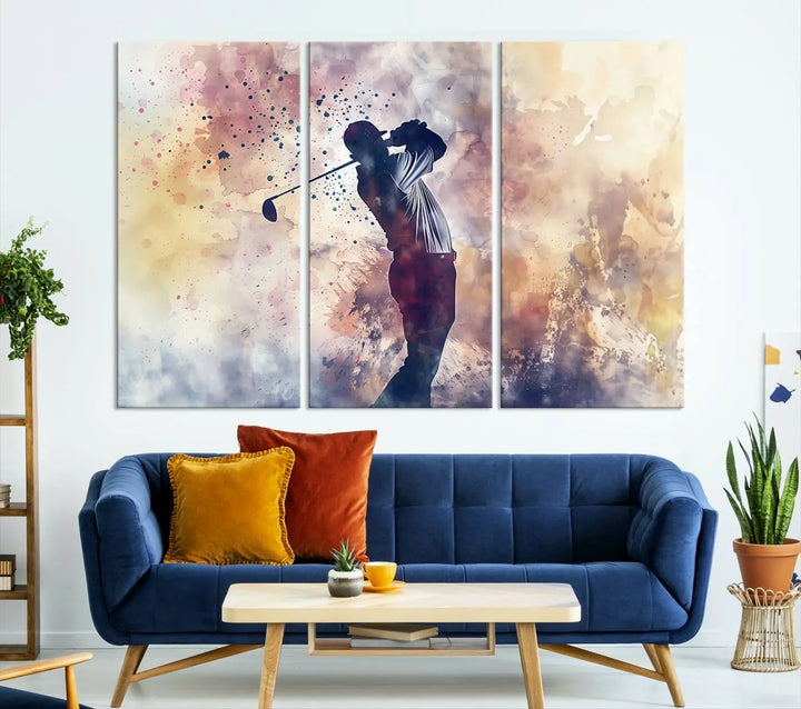 The Abstract Watercolor Golf Player Wall Art Canvas Print, with its vibrant abstract splashes, infuses dynamic energy into the room and harmonizes effortlessly with modern decor. This impressive piece captures the essence of contemporary golf art.