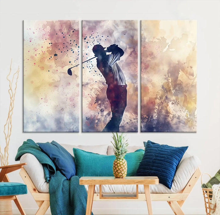 The Abstract Watercolor Golf Player Wall Art Canvas Print, with its vibrant abstract splashes, infuses dynamic energy into the room and harmonizes effortlessly with modern decor. This impressive piece captures the essence of contemporary golf art.