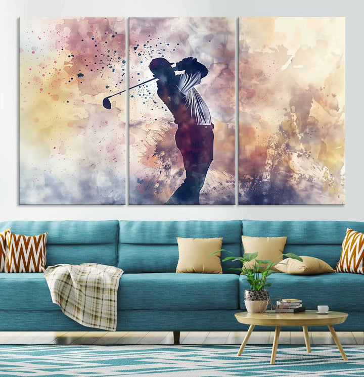 The Abstract Watercolor Golf Player Wall Art Canvas Print, with its vibrant abstract splashes, infuses dynamic energy into the room and harmonizes effortlessly with modern decor. This impressive piece captures the essence of contemporary golf art.