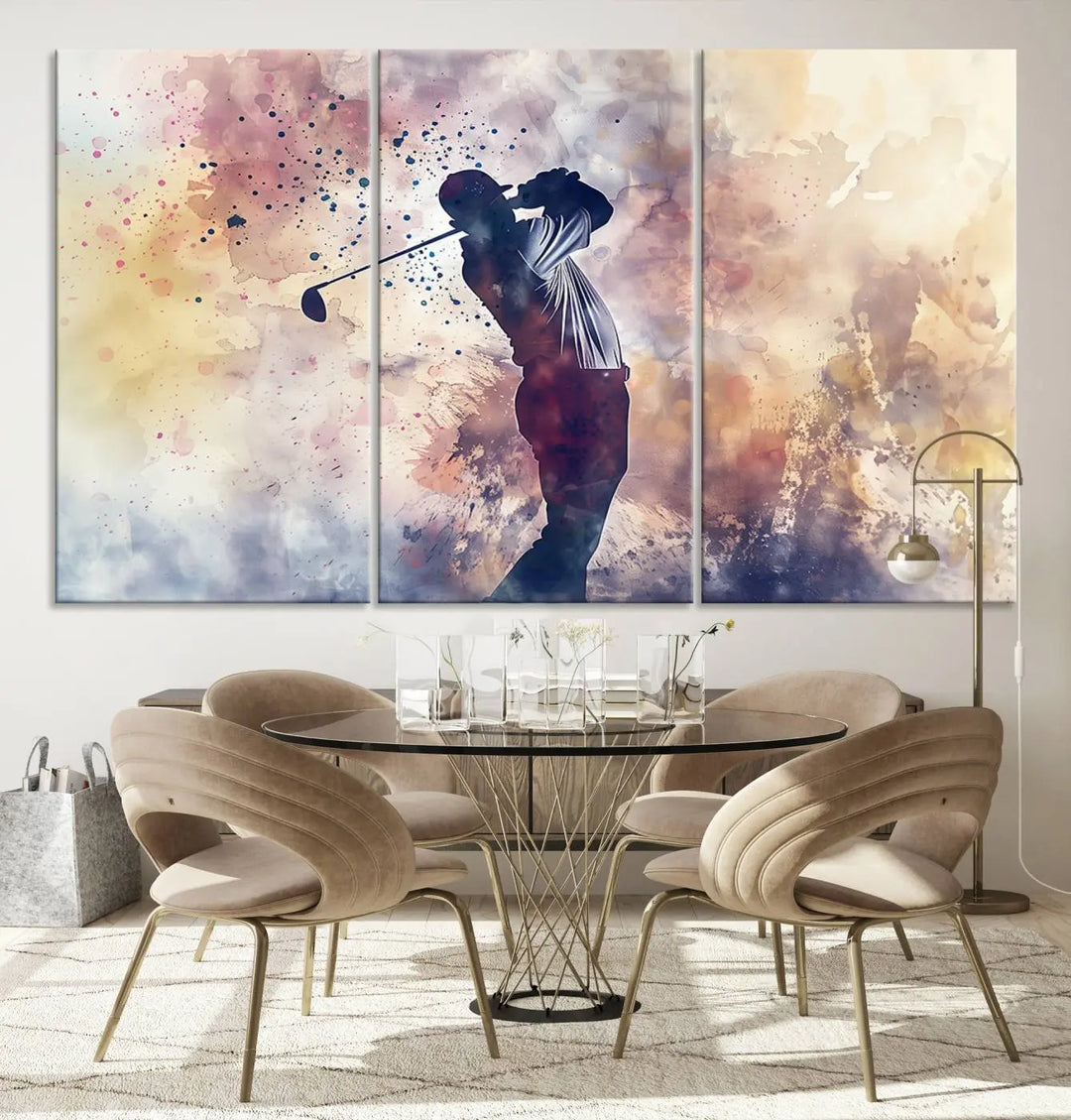 The Abstract Watercolor Golf Player Wall Art Canvas Print, with its vibrant abstract splashes, infuses dynamic energy into the room and harmonizes effortlessly with modern decor. This impressive piece captures the essence of contemporary golf art.