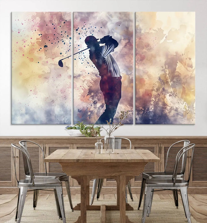 The Abstract Watercolor Golf Player Wall Art Canvas Print, with its vibrant abstract splashes, infuses dynamic energy into the room and harmonizes effortlessly with modern decor. This impressive piece captures the essence of contemporary golf art.