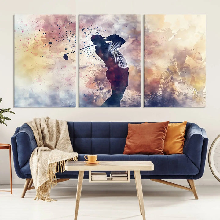 The Abstract Watercolor Golf Player Wall Art Canvas Print, with its vibrant abstract splashes, infuses dynamic energy into the room and harmonizes effortlessly with modern decor. This impressive piece captures the essence of contemporary golf art.