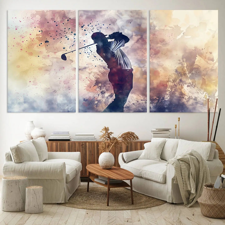 The Abstract Watercolor Golf Player Wall Art Canvas Print, with its vibrant abstract splashes, infuses dynamic energy into the room and harmonizes effortlessly with modern decor. This impressive piece captures the essence of contemporary golf art.