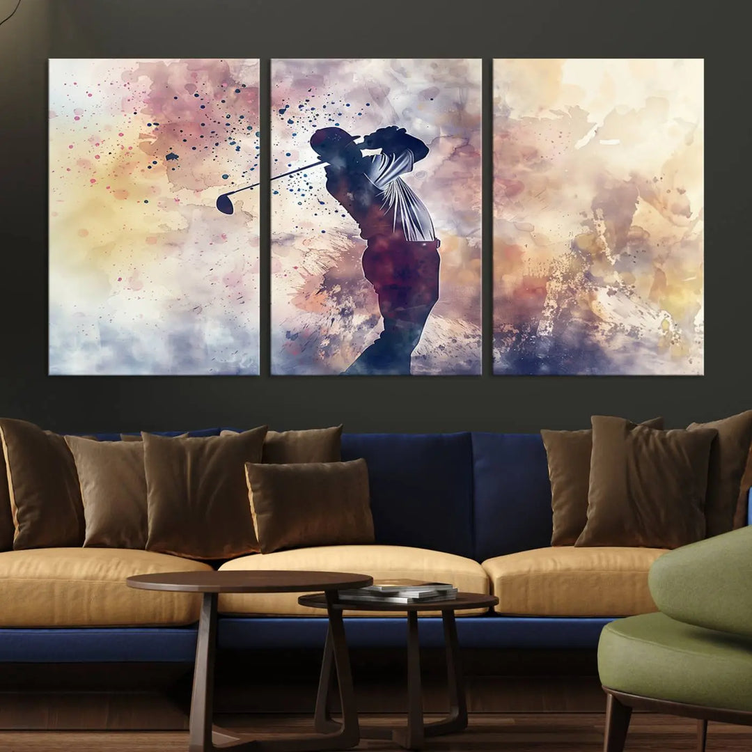 The Abstract Watercolor Golf Player Wall Art Canvas Print, with its vibrant abstract splashes, infuses dynamic energy into the room and harmonizes effortlessly with modern decor. This impressive piece captures the essence of contemporary golf art.