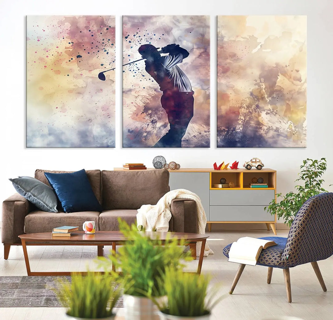 The Abstract Watercolor Golf Player Wall Art Canvas Print, with its vibrant abstract splashes, infuses dynamic energy into the room and harmonizes effortlessly with modern decor. This impressive piece captures the essence of contemporary golf art.