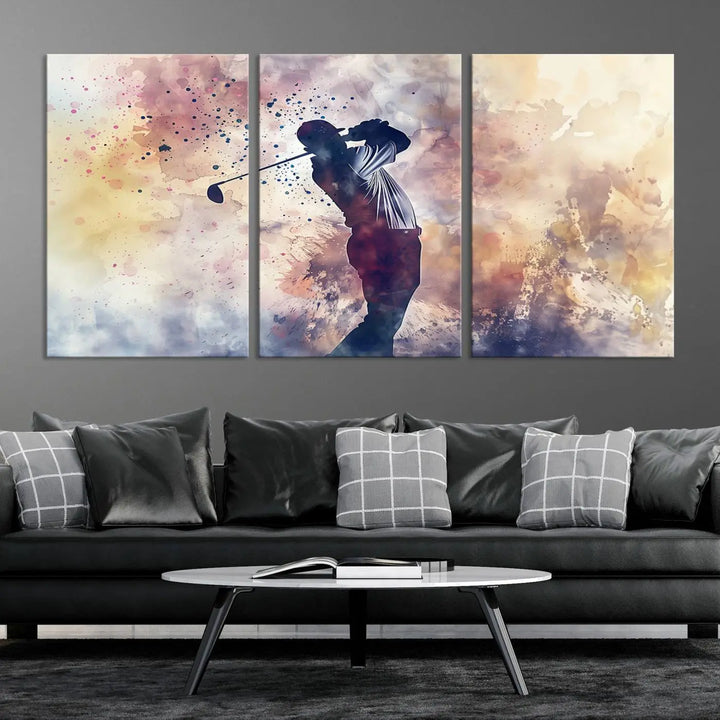 The Abstract Watercolor Golf Player Wall Art Canvas Print, with its vibrant abstract splashes, infuses dynamic energy into the room and harmonizes effortlessly with modern decor. This impressive piece captures the essence of contemporary golf art.