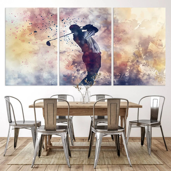 The Abstract Watercolor Golf Player Wall Art Canvas Print, with its vibrant abstract splashes, infuses dynamic energy into the room and harmonizes effortlessly with modern decor. This impressive piece captures the essence of contemporary golf art.