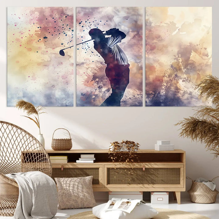 The Abstract Watercolor Golf Player Wall Art Canvas Print, with its vibrant abstract splashes, infuses dynamic energy into the room and harmonizes effortlessly with modern decor. This impressive piece captures the essence of contemporary golf art.