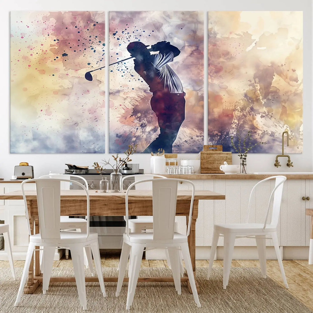 The Abstract Watercolor Golf Player Wall Art Canvas Print, with its vibrant abstract splashes, infuses dynamic energy into the room and harmonizes effortlessly with modern decor. This impressive piece captures the essence of contemporary golf art.