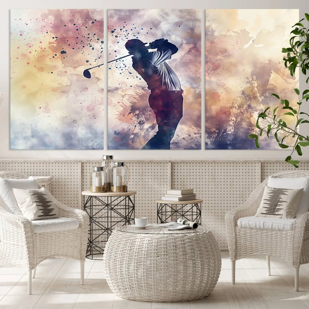 The Abstract Watercolor Golf Player Wall Art Canvas Print, with its vibrant abstract splashes, infuses dynamic energy into the room and harmonizes effortlessly with modern decor. This impressive piece captures the essence of contemporary golf art.