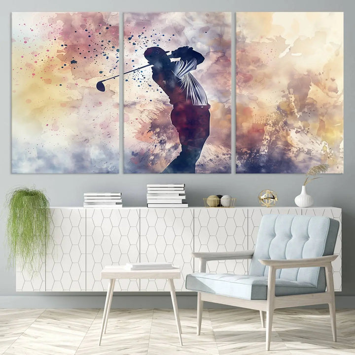 The Abstract Watercolor Golf Player Wall Art Canvas Print, with its vibrant abstract splashes, infuses dynamic energy into the room and harmonizes effortlessly with modern decor. This impressive piece captures the essence of contemporary golf art.